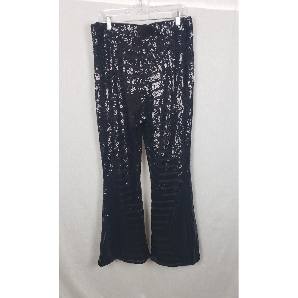 XXL Black Sequin Flared Bell‎ Bottom Pants Sparkly Glam Evening Party New Years